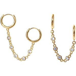 14K Gold Chain Earrings Womens Double Piercing Dangle Chain Huggie Hoop Earrings